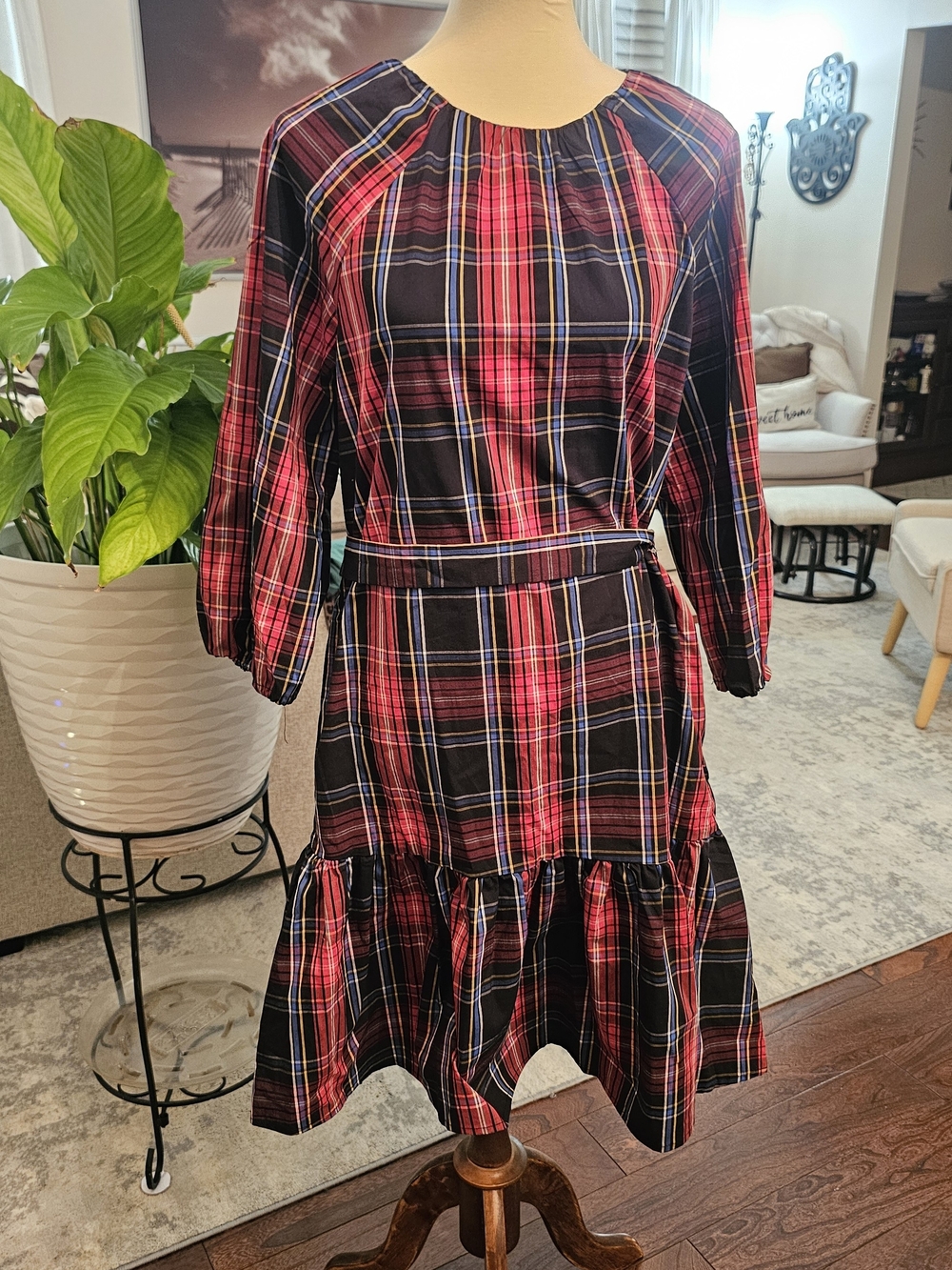 Draper James Red and Black Plaid Tiered Midi Dress